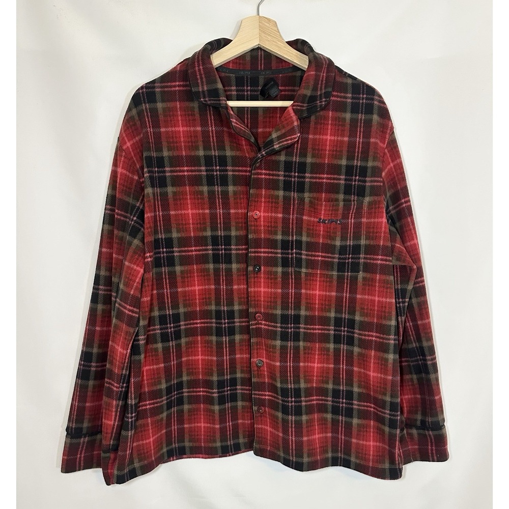SKIMS Women's MEDIUM Red Black Flannel Fleece PJ Top Button Up Long Sleeve
